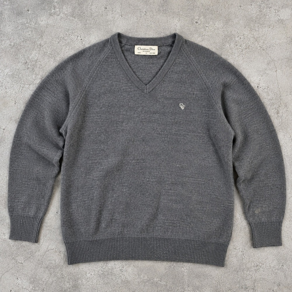 Vintage Christian Dior Monsieur V-Neck Sweater Men's L Gray Knit Logo Pullover